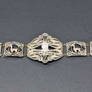 Vintage Silver Filigree Egyptian Llama Story Teller Panel Link 900 Bracelet Cuff